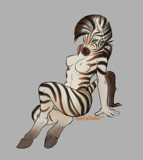 abstract_background anthro biped breasts conditional_dnp digital_media_(artwork) equid equine female green_eyes hi_res hooves horse looking_at_viewer mammal mane navel nipples nude sefeiren sitting solo stripes tail_tuft tuft zebra // 1143x1280 // 450KB