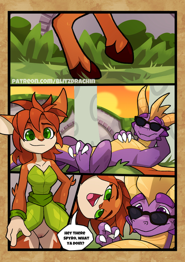 activision anthro blitzdrachin bottomless cervid clothed clothing comic conditional_dnp dialogue dragon elora english_text eyewear faun_(spyro) female feral genitals green_eyes leaf_clothing leaf_dress mammal no_underwear patreon paws purple_eyes pussy spyro spyro_the_dragon sunglasses text video_games wide_hips // 707x1000 // 712.4KB