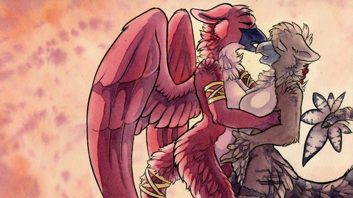 16:9 2014 anthro avian beak big_breasts bird breasts duo feathered_wings feathers female femalefemale gryphon hi_res kissing mythological_avian mythology non-mammal_breasts nude ruaidri sparra widescreen wings // 2560x1440 // 715KB