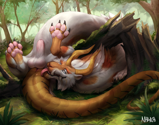 2021 animal_genitalia anus balls blue_eyes claws detailed_background dragon eastern_dragon fangs feral fiore_(bruvelighe) forest forest_background fully_sheathed fur furred_dragon genitals grass horn looking_at_viewer male nature nature_background nawka nude orange_body orange_fur orange_scales pawpads pink_pawpads plant scales sheath solo toe_claws tongue tongue_out tree white_balls white_body white_fur // 1400x1100 // 1.5MB
