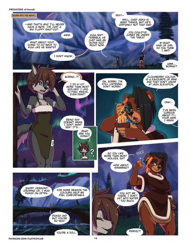 2019 5_fingers anthro aurora_borealis bailey_(fluff-kevlar) black_hair blue_eyes breasts brown_hair canid canine canis clothed clothing comic duo english_text female fingers fluff-kevlar hair mammal smile tala_(fluff-kevlar) text url ursid wolf // 906x1181 // 856.5KB