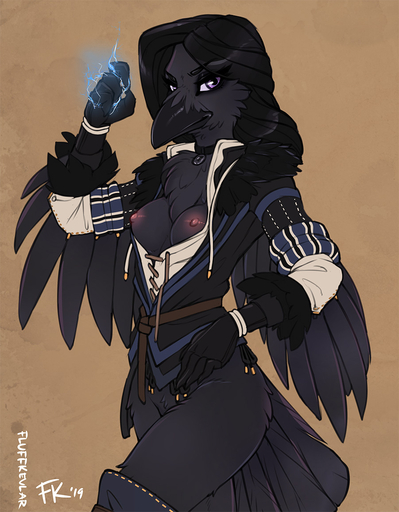 2019 alternate_species anthro anthrofied avian beak bird black_body black_feathers black_hair bottomless breasts chest_tuft clothed clothing corvid corvus_(genus) feathered_arms feathers female fluff-kevlar hair hand_on_hip jewelry looking_at_viewer magic medieval_clothing necklace nipples non-mammal_breasts oscine passerine purple_eyes raven simple_background solo tail_feathers the_witcher tuft yennefer yennefer_of_vengerberg // 901x1156 // 240.8KB