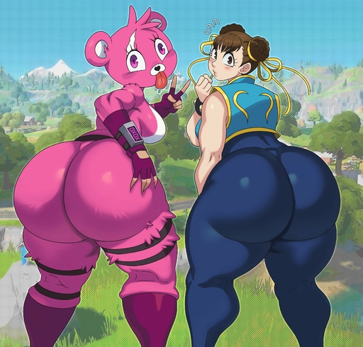 2021 absurd_res anthro big_breasts big_butt blush breasts butt capcom chun-li clothing cuddle_team_leader duo epic_games female fortnite fur gesture hi_res huge_butt human looking_at_viewer looking_back mammal pink_body pink_eyes pink_fur sssonic2 street_fighter tongue ursid v_sign video_games // 3234x3096 // 1.8MB