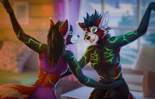 2018 5_fingers ailurid anthro black_hair blurred_background clothed clothing dancing detailed_background digital_media_(artwork) duo female fingers green_eyes hair la_la_land male mammal pose red_panda smile topless tril-mizzrim // 1280x821 // 1.4MB