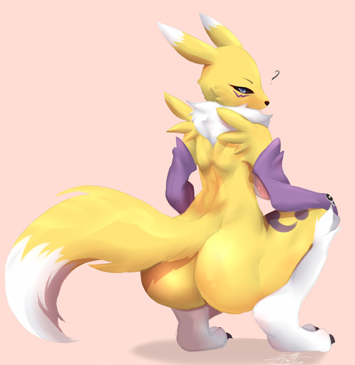 ? absurd_res anthro arms_bent bent_legs big_butt black_sclera blue_eyes blush bottomless breasts butt canid claws clothed clothing crouching digimon digimon_(species) dipstick_ears dipstick_tail female fur hands_on_knees hands_on_legs hands_on_own_knees hands_on_own_legs head_turned hi_res holding_knees holding_legs leg_markings looking_at_viewer looking_back looking_back_at_viewer mammal markings mostly_nude multicolored_ears multicolored_tail neck_tuft pink_background ranadi rear_view renamon side_boob simple_background socks_(marking) solo tuft white_body white_fur yellow_body yellow_fur yin_yang // 2577x2652 // 1.8MB