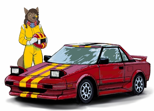 2020 anthro armor breasts brown_body brown_fur brown_hair canid canine car clothed clothing female fur hair headgear helmet hi_res hladilnik holding_headgear holding_helmet holding_object mammal rally_(sport) red_vehicle scarf simple_background solo toyota toyota_mr2 vehicle white_background yellow_clothing yellow_eyes // 1920x1386 // 301.5KB