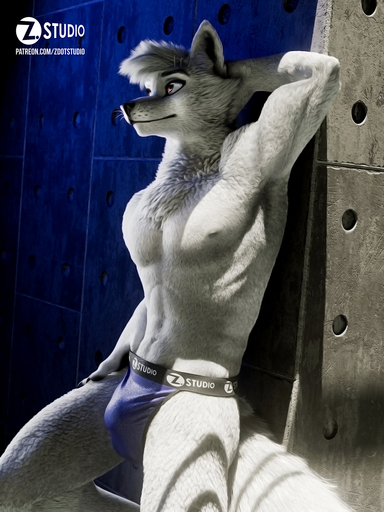 2021 3:4 3d_(artwork) anthro black_nose blue_clothing bulge canid canine canis cheek_tuft clothing detailed_bulge digital_media_(artwork) facial_tuft fingerpads fur head_tuft hi_res leaning_on_wall looking_aside male mammal pawpads portrait red_eyes solo text tuft underwear url white_body white_fur wolf zorryn // 900x1200 // 699.1KB