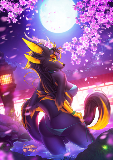 2019 anthro breasts cherry_blossom clothed clothing detailed_background dragon female fingers fur furred_dragon gaiawolfess hi_res moon night non-mammal_breasts outside plant sky solo standing wingless_dragon // 849x1200 // 1.3MB