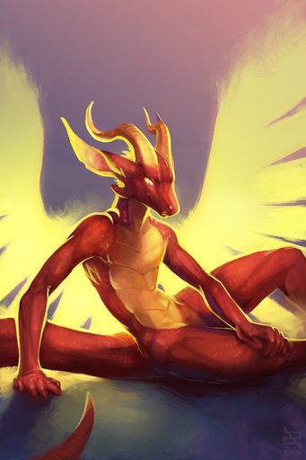 2019 5_fingers anthro biped digital_media_(artwork) dragon fingers hi_res horn male red_body red_scales scales sitting smile solo zephra // 853x1280 // 1.0MB
