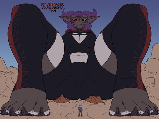 animal_humanoid anthro barefoot bottomwear breasts carne_asada clothing dialogue dragon dragon_humanoid duo english_text feet female general-irrelevant hair humanoid macro male outside purple_hair red_eyes shorts size_difference smile spread_legs spreading text // 1440x1080 // 465.9KB