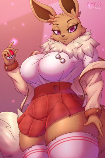 2022 2:3 5_fingers anthro anthrofied artist_name bottomwear clothed clothing complextree digital_media_(artwork) eevee english_text eyebrows eyelashes female fingers fur generation_1_pokemon gym_leader hi_res holding_object holding_pokeball legwear looking_at_viewer mammal pokeball pokemon_(species) skirt solo squish text thigh_squish url video_games // 1200x1800 // 3.6MB