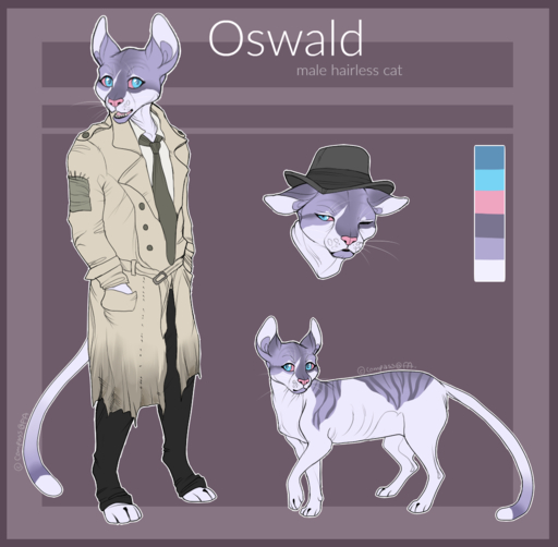 anthro bald border clothed clothing compass_(artist) english_text felid feral hat headgear headwear looking_at_viewer male mammal model_sheet purple_border side_view solo text // 1143x1120 // 409.2KB