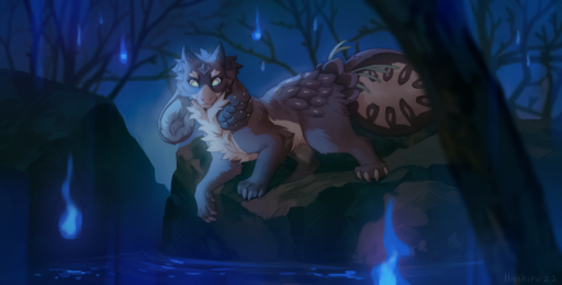 2022 ambiguous_gender brown_body brown_fur claws detailed_background digital_media_(artwork) feral forest fur hioshiru horn night outside paws plant rock solo species_request tree water // 1500x762 // 1.3MB