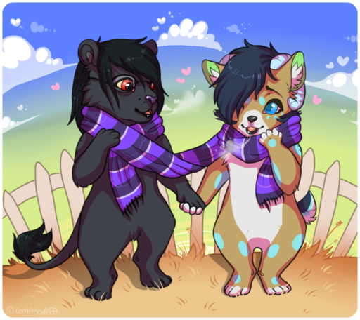 4_fingers 5_fingers <3 ambiguous_gender anthro black_body black_fur black_hair blue_body blue_eyes blue_fur breath canid canine cel_shading chibi compass_(artist) day duo featureless_crotch felid fingers fur grass hair hair_over_eye hand_holding horn inner_ear_fluff lion looking_aside looking_at_another mammal mostly_nude one_eye_obstructed open_mouth outside pantherine plant purple_nose red_eyes scarf scarf_only shaded shared_scarf sky smile standing tail_tuft tan_body tan_fur tuft // 740x659 // 362.4KB