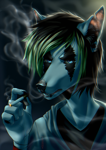 2016 5_fingers anthro black_hair black_nose blue_eyes canid canine cigarette clothed clothing fingers green_hair hair hauringu hi_res mammal open_mouth piercing smoke smoking solo teeth // 1500x2120 // 4.0MB
