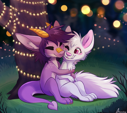 2019 anthro aseethe canid canine detailed_background digital_media_(artwork) dragon duo grass hybrid mammal night outside pink_eyes plant sitting smile // 997x887 // 914.8KB