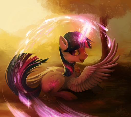 2013 cutie_mark detailed_background equid equine feathered_wings feathers female feral fur grass hair hioshiru horn horse jewelry looking_at_viewer lying magic mammal multicolored_hair nature necklace open_mouth outside plant purple_body purple_eyes purple_feathers purple_fur purple_hair signature smile solo sparkles spell tree twilight_sparkle_(mlp) two_tone_hair winged_unicorn wings // 968x866 // 703.8KB