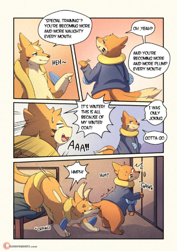 absurd_res all_fours animal_genitalia balls blue_eyes blush buizel clothing comic duo english_text fin floatzel fluffy genitals hi_res lester_(risenpaw) male malemale ness_(risenpaw) orange_body pokemon_(species) raised_tail risenpaw romantic romantic_couple smile sniffing text tongue video_games // 2039x2894 // 5.3MB