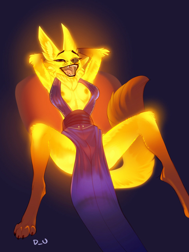 2022 3:4 anthro blue_eyes breasts canid canine canis clothed clothing discreet_user dress eyebrow_piercing eyebrows eyelashes facial_piercing female fox fur glowing glowing_body glowing_fur half-closed_eyes hands_behind_head hi_res inner_ear_fluff looking_at_viewer mammal mylar_(discreet_user) narrowed_eyes nipples open_mouth piercing presenting presenting_breasts simple_background small_breasts solo spread_legs spreading tuft // 960x1280 // 155.3KB