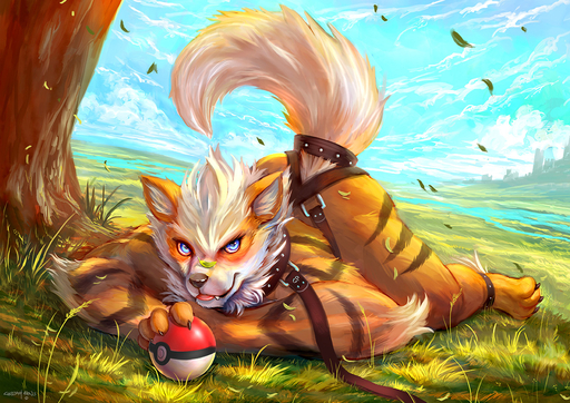 2021 anthro arcanine black_body black_fur blep blue_eyes blush cheetahpaws collar fur harness leaf leash looking_at_viewer male multicolored_body multicolored_fur nintendo orange_body orange_fur outside plant pokeball pokemon pokemon_(species) solo tongue tongue_out tree video_games white_body white_fur // 1200x849 // 517.9KB