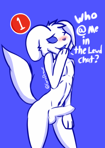 2021 anthro artist_name balls blue_background blush blush_lines canid canine canis clyde_(discord) discord_(app) domestic_dog erection fur genitals girly gyrodraws male mammal penis raised_tail simple_background solo text white_body white_fur // 850x1199 // 317.1KB