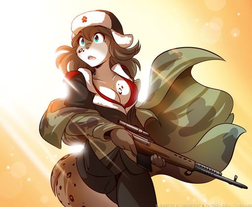 2018 5_fingers anthro breasts canid canine cleavage clothed clothing conditional_dnp digital_media_(artwork) felid female fingers fur gun hat headgear headwear hi_res holding_gun holding_object holding_weapon hybrid kathrin_vaughan keidran looking_aside mammal military_uniform open_mouth ranged_weapon rifle simple_background solo spots spotted_body spotted_fur standing tom_fischbach twokinds uniform ushanka weapon webcomic webcomic_character // 1556x1280 // 1.3MB