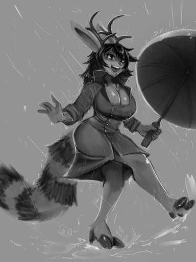 3:4 5_fingers anthro antlers big_breasts breasts female fingers general-irrelevant hair hi_res holding_object holding_umbrella horn hybrid mits_(character) monochrome on_one_leg open_mouth raining smile solo standing umbrella water wet // 1080x1440 // 762.3KB