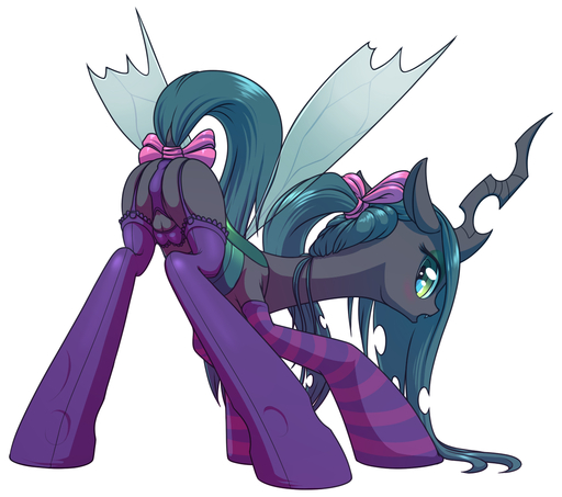 2015 armwear arthropod blush changeling clothed clothed_feral clothing digital_media_(artwork) female feral friendship_is_magic hair hasbro horn insect_wings legwear long_hair looking_back my_little_pony pattern_armwear pattern_clothing queen_chrysalis_(mlp) simple_background solo stoic5 striped_armwear striped_clothing stripes teats translucent translucent_wings white_background wings // 1189x1051 // 457KB