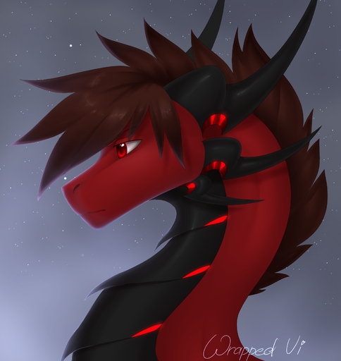 2020 black_body black_horn black_scales brown_hair digital_media_(artwork) dragon feral hair headshot_portrait hi_res horn portrait red_body red_eyes red_scales red_skin scales simple_background solo spiky_hair wrappedvi // 1771x1874 // 1.3MB