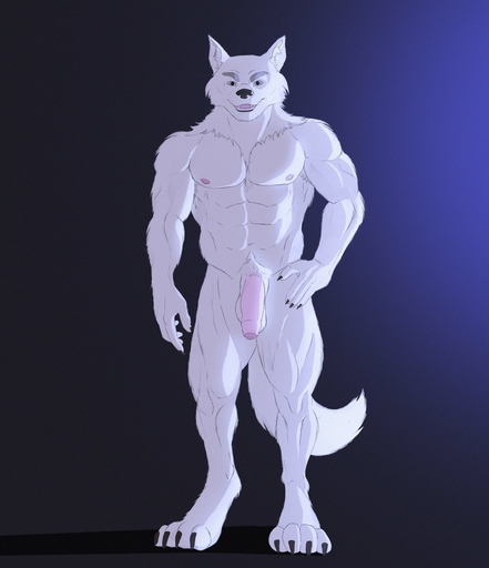 5_fingers 5_toes absurd_res anthro athletic balls big_balls big_penis canid canine canis feet fingers flaccid foreskin genitals hi_res male malemale mammal mason_(snorgle) monochrome muscular muscular_male nipples penis pubes smile snorgle solo toes wolf // 3162x3672 // 569KB