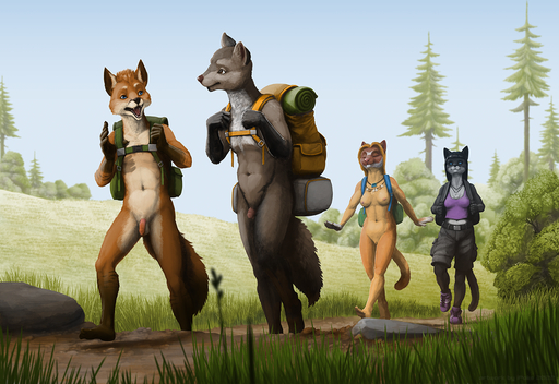 2022 anthro balls barefoot blue_eyes breasts brown_body brown_fur canid canine casual_nudity clothing day digital_media_(artwork) feet female footwear fox fur genitals grass grey_body grey_fur group ipoke looking_at_another male mammal navel nipples open_mouth outside penis plant pussy shoes tree walking white_body white_fur // 1280x880 // 1.3MB