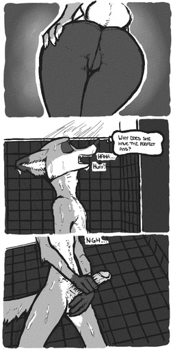 anthro butt camel_toe canid canine circumcised comic dialogue disney english_text erection female fox genitals hand_on_butt hi_res humanoid_genitalia humanoid_penis judy_hopps lagomorph leporid luraiokun male mammal masturbation monochrome nick_wilde nude penile penile_masturbation penis rabbit shower solo text zootopia // 950x1920 // 1.5MB