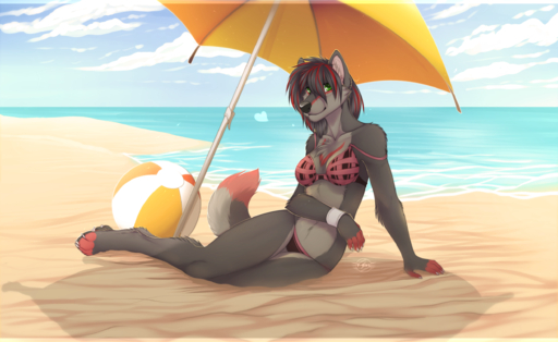 2014 <3 anthro ball beach beach_ball bikini biped canid canine canis chest_tuft clothing cloud detailed_background digital_media_(artwork) digitigrade f-r95 female fur green_eyes hi_res highlights_(coloring) inflatable kaptainarr_(character) lying mammal outside pinup pool_toy pose public red_highlights sand sea seaside sky smile solo summer sunny swimwear tuft umbrella wallpaper water wolf // 2500x1533 // 2.2MB