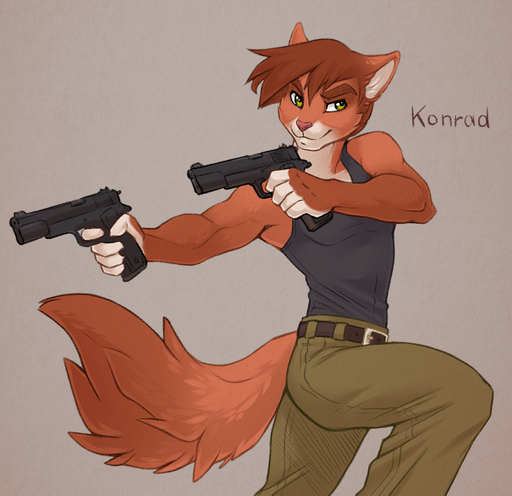 2014 amber_eyes anthro athletic athletic_anthro athletic_male bad_trigger_discipline bottomwear clothed clothing digital_media_(artwork) domestic_cat dual_wielding felid feline felis fully_clothed fur gun hair handgun holding_gun holding_object holding_weapon iskra konrad_zengel male mammal pants pistol ranged_weapon red_body red_fur red_hair shaded shirt side_view smile solo tank_top text topwear weapon // 960x930 // 549.0KB
