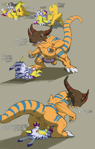 2012 agumon anal anal_penetration anus armor backsack balls bandai_namco big_butt big_penis butt claws dialogue digimon digimon_(species) dinosaur duo english_text erection facesitting feral fur gabumon genitals greymon headgear helmet hi_res horn looking_back lying male malemale male_penetrated male_penetrating male_penetrating_male markings musk narse nude on_back oral paws penetration penis presenting presenting_hindquarters reptile rimming scalie sequence sex simple_background sitting text thick_tail yellow_body yellow_skin // 1176x1848 // 854.6KB