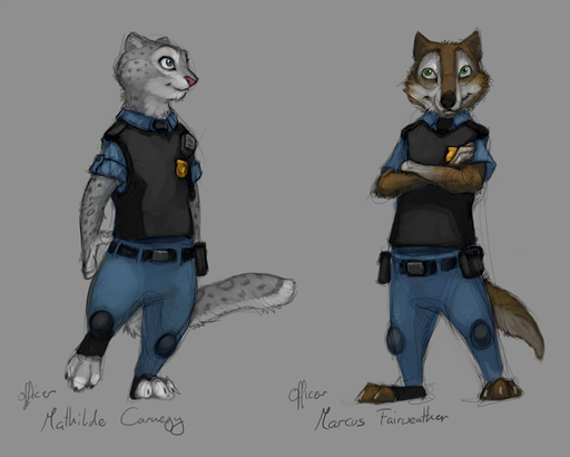 2016 5:4 anthro badge belt blue_eyes border bulletproof_vest canid canine canis claws clothing crossed_arms duo english_text felid female footwear fur green_eyes grey_background grey_border ipoke leopard looking_at_viewer male mammal marcus_fairweather mathilde_carnegy pantherine police_uniform shoes simple_background sketch smile snow_leopard spots spotted_body spotted_fur standing text toe_claws toeless_footwear toeless_shoes uniform utility_belt wolf // 800x640 // 169.9KB