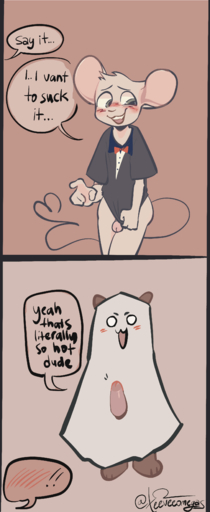 absurd_res anthro asking blush clothed clothing comic dialogue duo erection fangs genitals ghost_costume heart_tail hi_res holidays lutrine male malemale mammal marsupial mustelid penis phalangeriform pygmy_possum signature speech_bubble teeveeomegas text // 1534x3747 // 854.9KB