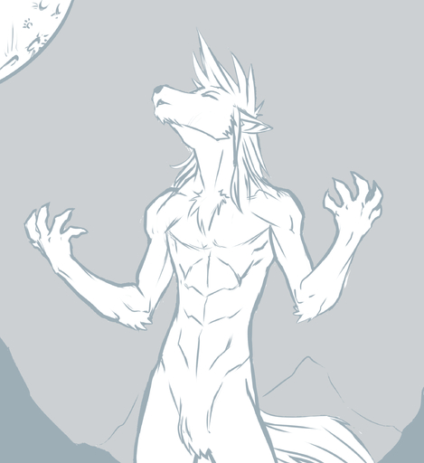 absurd_res anthro biped blue_and_white canid canine canis eyes_closed faint greyscale hi_res howl male mammal monochrome moon mountain muscular muscular_anthro muscular_male nude outside pose red_wolf sketch solo standing wolf wolf_nanaki // 2200x2400 // 702.7KB