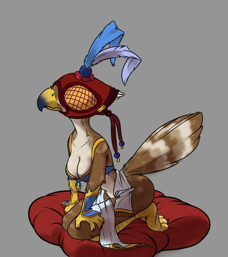 anthro avian biped bird bird_feet blindfold bottomless breasts claws cleavage clothed clothing falcon falconid falconry_hood feathers female grey_background hi_res hood kneeling non-mammal_breasts pillow simple_background siroc solo wide_hips // 1134x1280 // 164.0KB