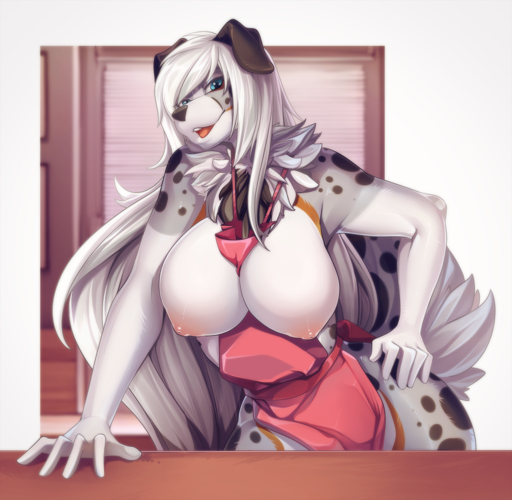 2020 5_fingers anthro apron apron_only areola blue_eyes breasts canid canine canis clothed clothing digital_media_(artwork) domestic_dog exposed_breasts female fingers hair knight_dd mammal mostly_nude nipples open_mouth smile solo standing teeth tongue white_hair // 1200x1172 // 1.3MB