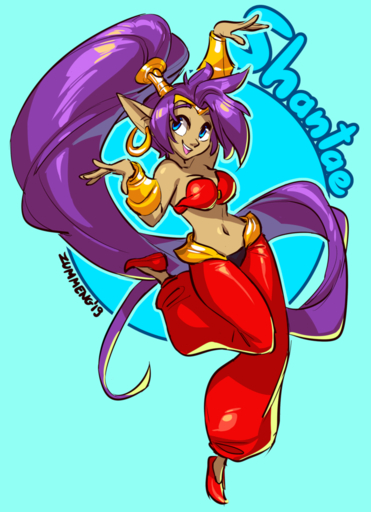 2019 blue_eyes breasts clothing ear_piercing ear_ring english_text female fingers footwear genie hair hi_res humanoid humanoid_pointy_ears long_hair navel not_furry open_mouth open_smile piercing ponytail purple_hair shantae signature smile solo text video_games zummeng // 1158x1600 // 777.0KB