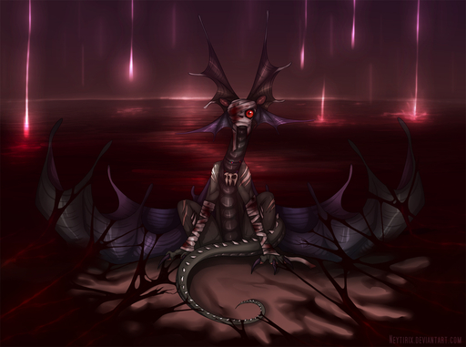 ambiguous_gender black_body black_skin blood bodily_fluids claws detailed_background dragon fae_dragon feral flight_rising looking_at_viewer membrane_(anatomy) membranous_wings neytirix nude red_eyes solo wings // 1544x1150 // 602.7KB