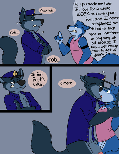 2017 4_fingers absurd_res against_surface against_wall age_difference angry anthro anthro_on_anthro arm_grab arm_tuft big_penis black_nose blue_body blue_clothing blue_fur blue_tail blue_topwear bobbie_(rotten_robbie) bottomless brother brothers canid canine canis cheek_tuft chest_tuft clenched_teeth clothed clothing comic countershade_face countershade_torso countershading crossed_arms dialogue drunk duo ears_back elbow_tufts english_text exclamation_point eyebrows facial_tuft fingers flaccid flat_colors foreskin french_kissing fur genitals glans green_eyes grey_background grey_body grey_fur grey_tail half-closed_eyes half-erect hat head_tuft headgear headwear hi_res humanoid_genitalia humanoid_penis incest_(lore) inside jacket kissing larger_male male malemale mammal multicolored_body multicolored_fur narrowed_eyes older_male open_clothing open_jacket open_mouth open_topwear penis penis_size_difference pink_clothing pink_penis pink_tongue pink_topwear pivoted_ears police_uniform profanity retracted_foreskin robbie_(rotten_robbie) rolled_up_sleeves rotten_robbie shirt shoulder_tuft sibling side_view simple_background size_difference smaller_male speech_bubble standing star_eyes substance_intoxication surprise tank_top teeth text tongue tongue_out topwear tuft two_tone_body two_tone_fur uniform wolf younger_male // 2550x3300 // 1.5MB