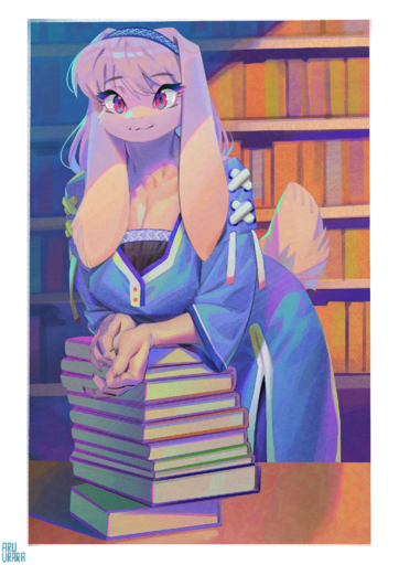 2021 5_fingers anthro aruurara big_breasts book breasts cleavage clothed clothing female fingers fully_clothed fur hair hi_res kemono lagomorph leporid library long_ears long_hair looking_at_viewer mammal rabbit red_eyes solo white_body white_fur white_hair // 1447x2048 // 4.5MB
