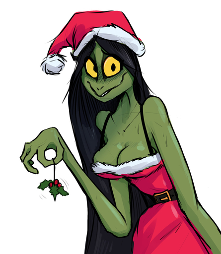 amphibian black_hair breasts christmas clothed clothing female green_body green_skin hair holidays holly_(plant) keadonger plant scp-811 scp_foundation simple_background solo yellow_eyes // 1011x1163 // 259.5KB