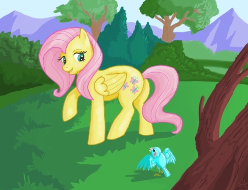 avian bird detailed_background equid equine feathered_wings feathers female feral fluttershy_(mlp) forest friendship_is_magic hair hasbro horse mammal mountain my_little_pony nature outside pegasus pink_hair plant sky solo sorc tree wings wood yellow_body yellow_feathers // 1223x937 // 417KB