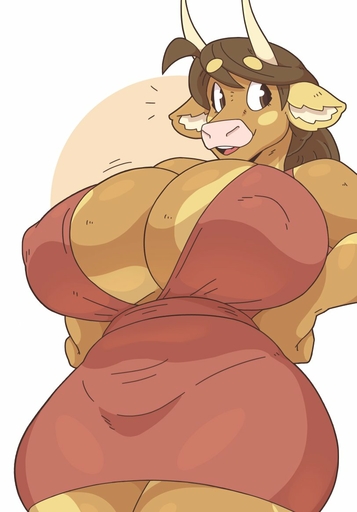 anthro big_breasts bovid bovine breasts brown_hair cattle cleavage clothed clothing curvy_figure female hair hand_on_hip huge_breasts mammal molly_(slightlysimian) nipple_outline open_mouth open_smile slightlysimian smile solo thick_thighs voluptuous wide_hips // 812x1164 // 76.3KB