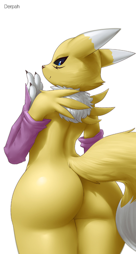 2014 absurd_res anthro bandai_namco big_butt biped black_sclera blue_eyes butt canid canine digimon digimon_(species) digital_media_(artwork) female fur hi_res looking_at_viewer looking_back mammal marblesoda nude rear_view renamon simple_background solo standing white_background white_body white_fur yellow_body yellow_fur // 2415x4500 // 1.7MB