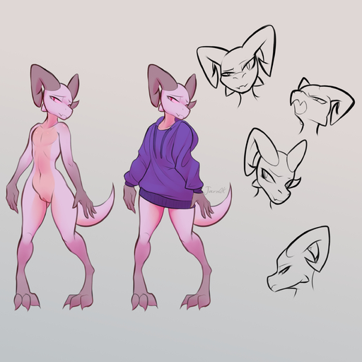 absurd_res anthro bottomless clothed clothednude clothing eyebrows female genitals hi_res horn jarnqk kobold lya_(jarnqk) model_sheet nude pussy raised_eyebrow solo standing sweater topwear // 2500x2500 // 3.2MB