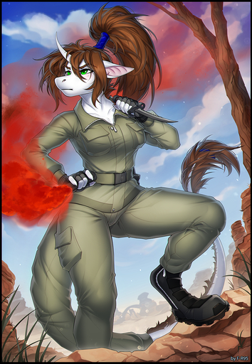 5_fingers anthro breasts brown_hair clothed clothing cloud day detailed_background digital_media_(artwork) equid equine eyebrows eyelashes f-r95 female fingers green_eyes hair hi_res horn horse mammal outside shaded sky unicorn // 898x1300 // 1.5MB